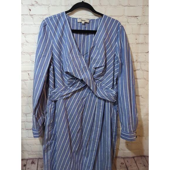 LOFT Shirt Dress Sz 16 Blue White Striped Long Sleeve Wrap Midi V-Neck - Picture 4 of 15